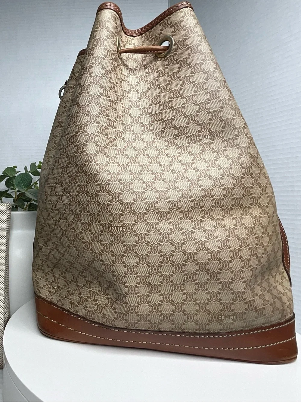 Brown Drawstring Bucket Bag with Leather Trim